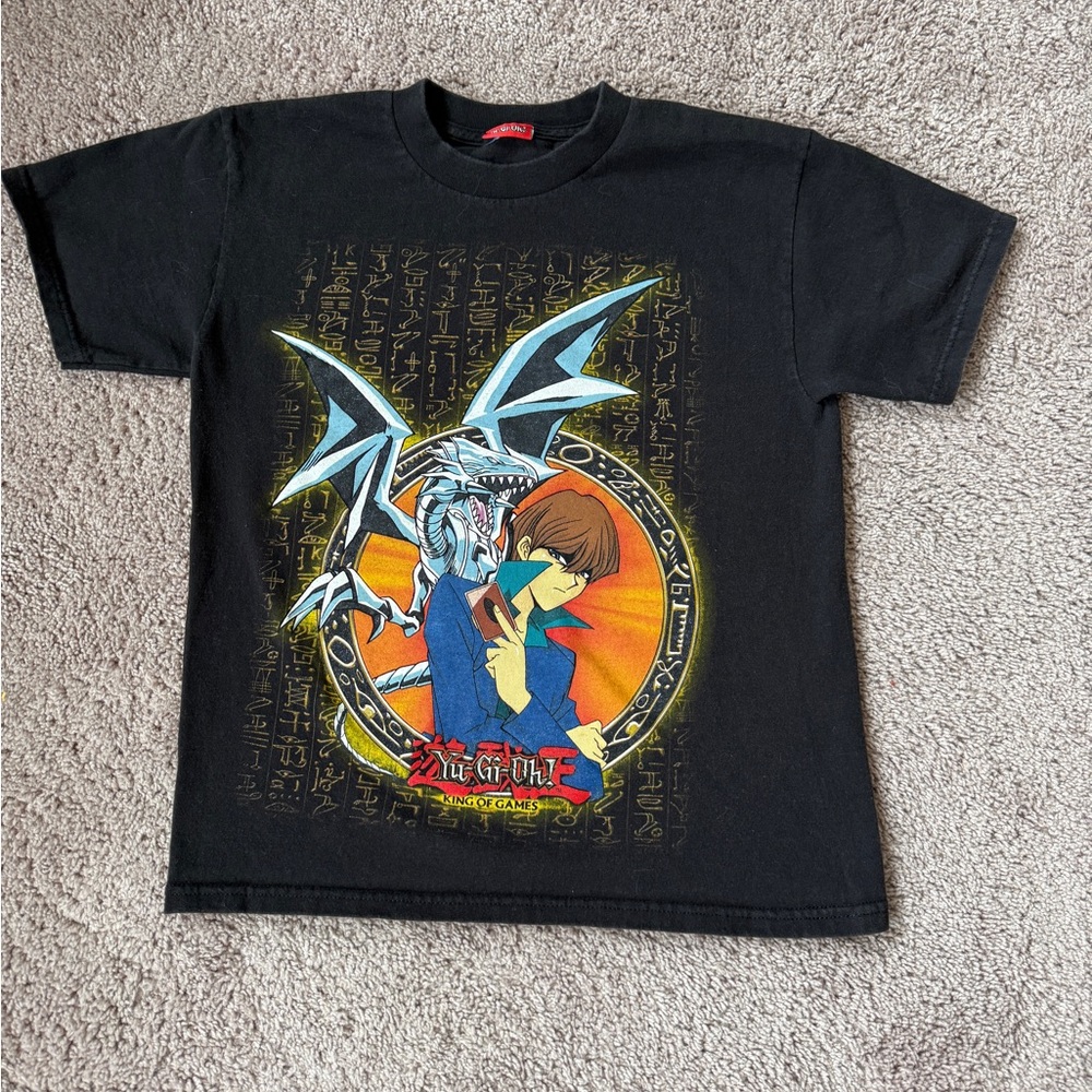 Vintage Yu-Gi-Oh! Kids Black Short-Sleeve Tee with Blue Dragon Graphic